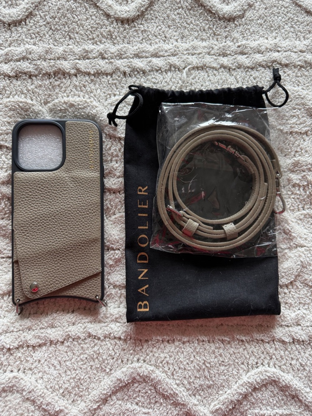 New Bandolier Emma iPhone 15 Pro Max Leather Crossbody Phone Case Greige/Silver